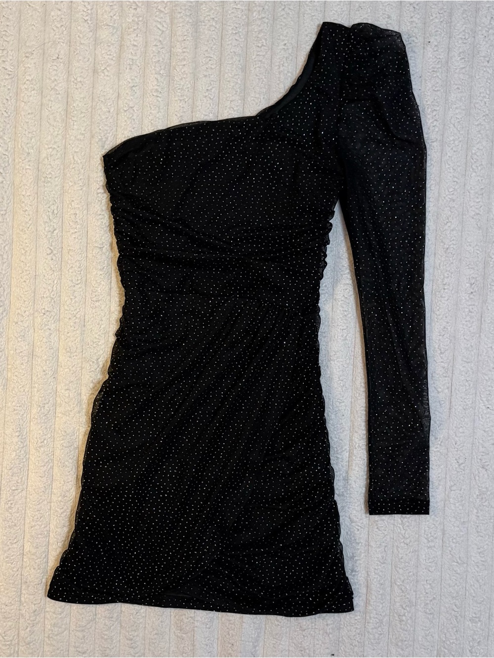 Lucy In The Sky LA Black Glitter One-Shoulder Ruched Going Out/Party Mini Dress